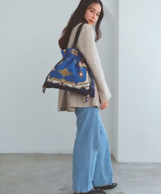 TOPKAPI 【新色追加】【TREASURE TOPKAPI】マイルドサテン スカーフ柄 巾着 トート バッグ ネイビー