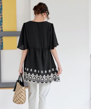 Tiaclasse 【洗える】スカラップレースチュニックブラウス ブラック