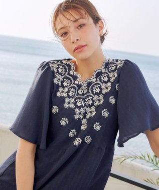 Tiaclasse 【洗える】スカラップレースチュニックブラウス ネイビー