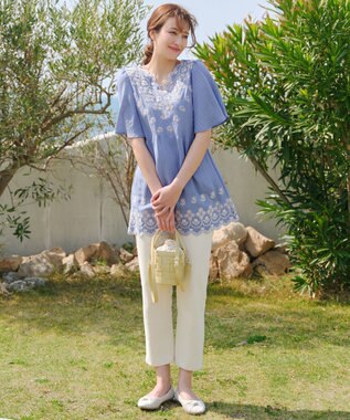 Tiaclasse 【洗える】スカラップレースチュニックブラウス サックス