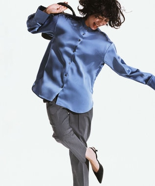 UNFILO L サテン バンドカラーシャツ スモーキーブルー