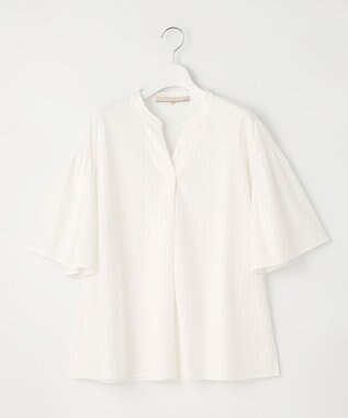 自由区 L 【洗える】ストレッチシャーティング 5分袖 フレアスリーブブラウス ホワイト系1