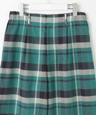 自由区 コットンリネンチェックワイドストレート パンツ グリーン×ネイビー系