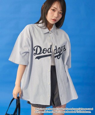 WEGO 【ユニセックス着用ITEM】別注MLBストライプグラフィックシャツ（SS） ブルーストライプ