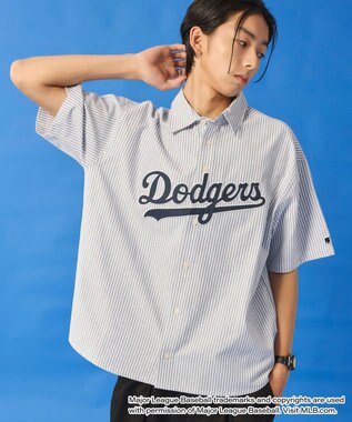 WEGO 【ユニセックス着用ITEM】別注MLBストライプグラフィックシャツ（SS） ブルーストライプ
