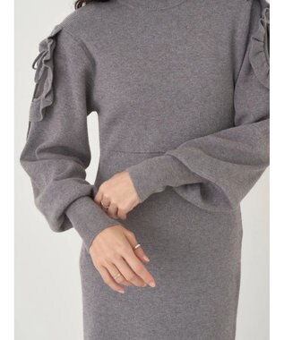earth music&ecology 袖シアーフリルニットワンピース Gray