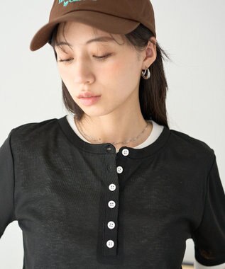 earth music&ecology シアーレイヤード風5分袖プルオーバー Black