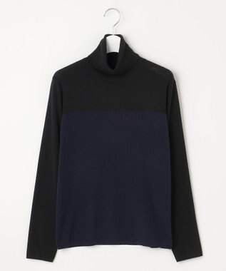 自由区 L 【洗える】シルクウールリブタートルネック ニット ブラック×ネイビー