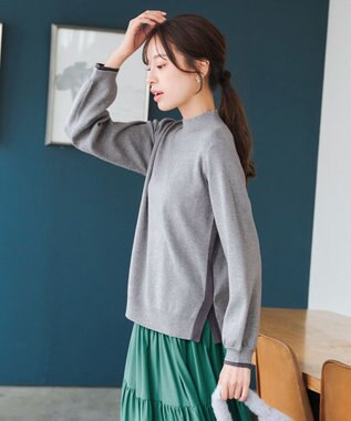 Tiaclasse 【洗える】配色ニットトップスプルオーバー グレー