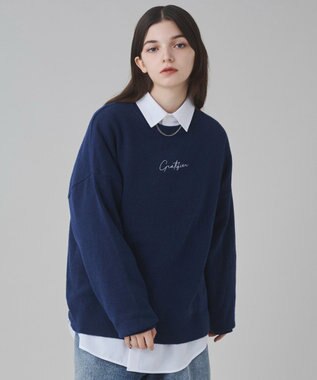 WEGO 【ユニセックス着用ITEM/SMLサイズ展開】アクセ付きワンポイントニットプルオーバー ネイビー