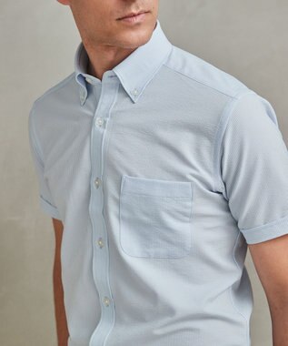 GOTAIRIKU とにかく涼しい/酷暑対応【シワになりにくい/吸水速乾】クールマックスサッカーシャツ サックスブルー×白