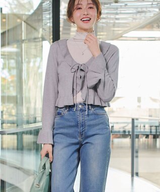 Tiaclasse フリルリボンカーディガン グレー