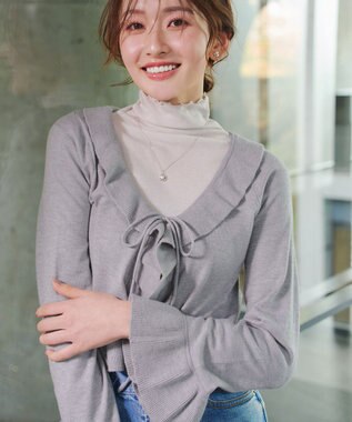 Tiaclasse フリルリボンカーディガン グレー