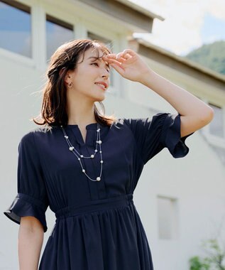 Tiaclasse 【洗える】キャンディースリーブ花柄ワンピース ネイビー