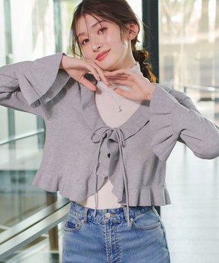 Tiaclasse フリルリボンカーディガン グレー