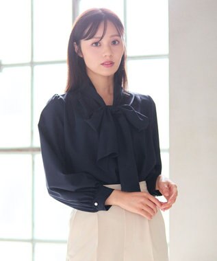 Feroux 【新色追加・洗える】ボリューム リボンタイ ブラウス ネイビー系