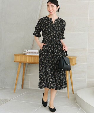 Tiaclasse 【洗える】キャンディースリーブ花柄ワンピース ブラック