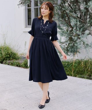 Tiaclasse 【洗える】キャンディースリーブ花柄ワンピース ネイビー