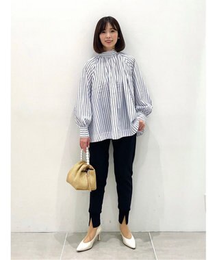 UNFILO イージーケア ギャザーブラウス ブルーストライプ