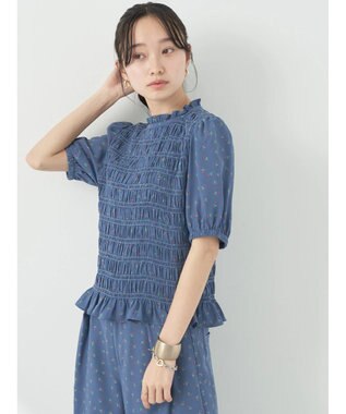 earth music&ecology 花柄パフスリシャーリングブラウス Navy