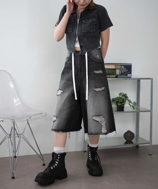 WEGO 【SMサイズ展開】ヴィンテージウォッシュダメージバギーハーフパンツ ブラック