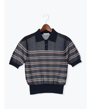 Te chichi 透かしマルチボーダーニットポロ ネイビー