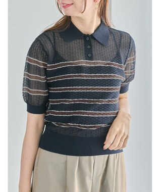 Te chichi 透かしマルチボーダーニットポロ ネイビー