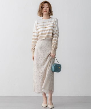 23区 【洗える】プレミアムビオコットン ボーダー ワイド ニット オフ×ベージュ