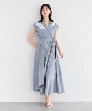 YECCA VECCA フラワーレースカシュクールワンピース Stripe