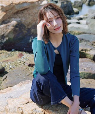 Tiaclasse 【洗える】長袖サマーニットカーディガン ターコイズ