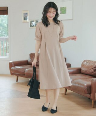 Tiaclasse 【おのののかさん着用】「サマケア」パフスリーブAラインワンピース グレージュ