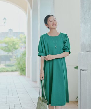 Tiaclasse 【おのののかさん着用】「サマケア」パフスリーブAラインワンピース グリーン