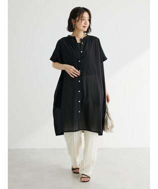 Green Parks インド綿 　ギャザー５分袖チュニック Black