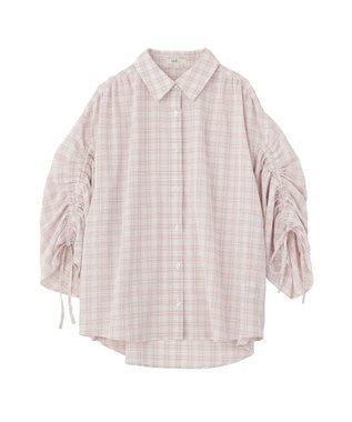 earth music&ecology シャーリングスリーブチェックシャツ Pink