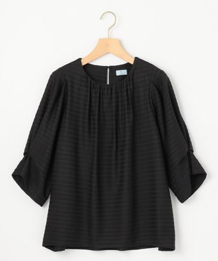 組曲 L 【WEB限定】ボーダージャガード タック袖ブラウス ブラック系