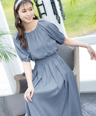 Tiaclasse L 【洗える】麻調ギャザーワンピース ブルー