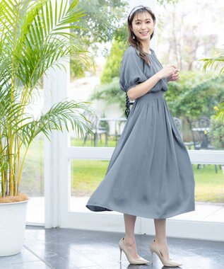 Tiaclasse L 【洗える】麻調ギャザーワンピース ブルー