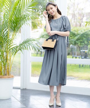 Tiaclasse L 【洗える】麻調ギャザーワンピース ブルー