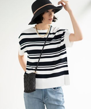 自由区 【洗える】クレープストレッチボーダー ニット ホワイト系1