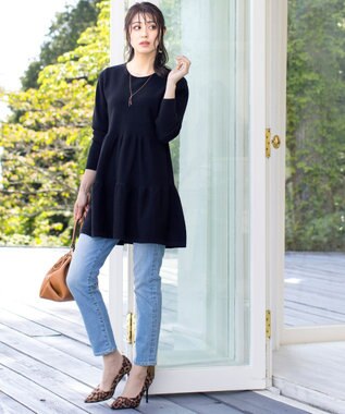 Tiaclasse L 【洗える】大人華やぐ2段ティアードニットチュニック ブラック