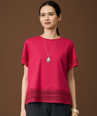 自由区 ナチュラルコットンハイゲージレースドッキング Tシャツ マゼンタ