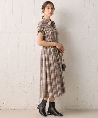 組曲 【リボンタイ付き】シアーツイルチェック ワンピース ベージュ系3