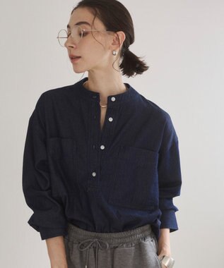 WEGO 【ANGIE VINTAGE】襟が選べる デニム プルオーバー シャツ（バンドカラー/レギュラー） ネイビー