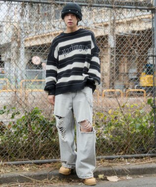 WEGO 【ユニセックス着用ITEM】アゼアミボーダーニットプルオーバー ブラックボーダー