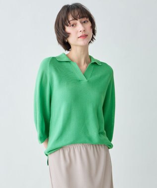 ANY L アクリルガーターポロ衿ニット グリーン