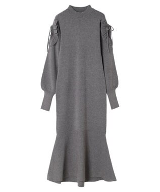 earth music&ecology 袖シアーフリルニットワンピース Gray