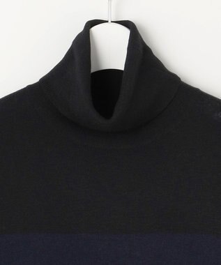 自由区 L 【洗える】シルクウールリブタートルネック ニット ブラック×ネイビー
