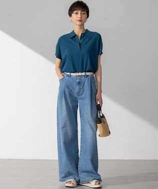 23区 L 【洗える】レーヨンポリエステルストレッチ フレンチスリーブ ポロニット ダークブルー系