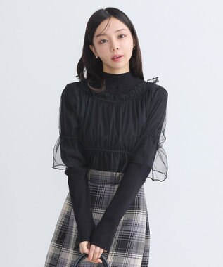 earth music&ecology ＳＥＴ２点リブニットインナー＋チュールプルオーバー Black