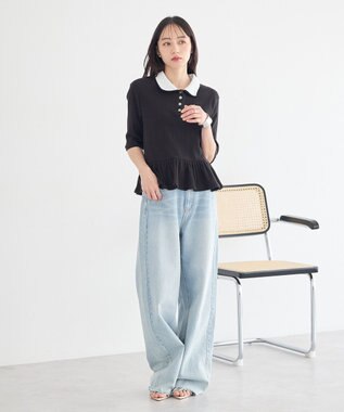 earth music&ecology ダブル衿ペプラムプルオーバー Black